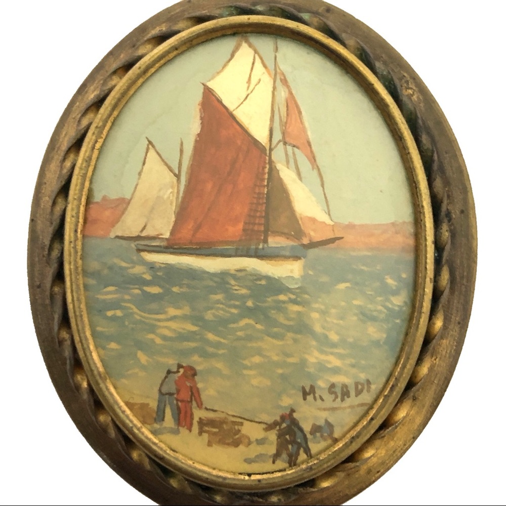 Antique Painting Brooch Sailboat Scene Early 1900s - Picture 3 of 7